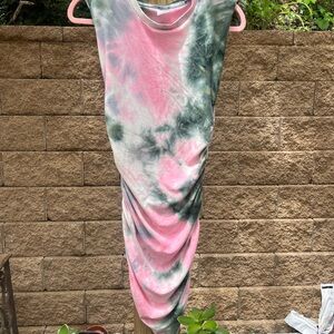 No Boundaries Pink and Green Tie-Dye Body Con Rouche Dress